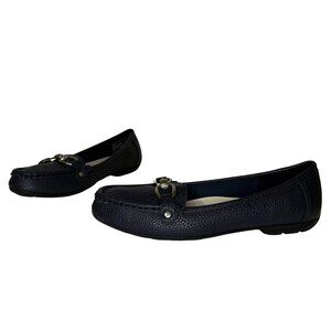 Anne Klein‎ Womens Faux Leather Chain Loafer Size 8.5 Navy Blue Slip On Preppy